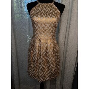 Rachel‎ Roy Metallic Jacquard Fit & Flare Mini Dress – Gold Bronze Geometric –S